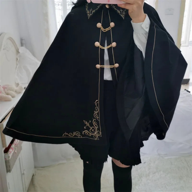 Frauen Winter Woll Mantel Schwarz Cape Adrette Goldene Stickerei Prinzessin Gothic Magie Schule Studenten Teens Mantel Herbst Neue