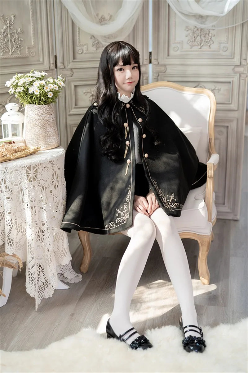 Frauen Winter Woll Mantel Schwarz Cape Adrette Goldene Stickerei Prinzessin Gothic Magie Schule Studenten Teens Mantel Herbst Neue