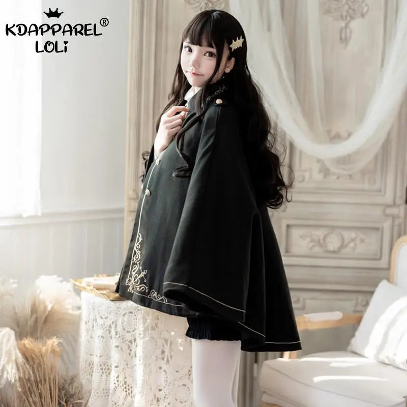 Frauen Winter Woll Mantel Schwarz Cape Adrette Goldene Stickerei Prinzessin Gothic Magie Schule Studenten Teens Mantel Herbst Neue