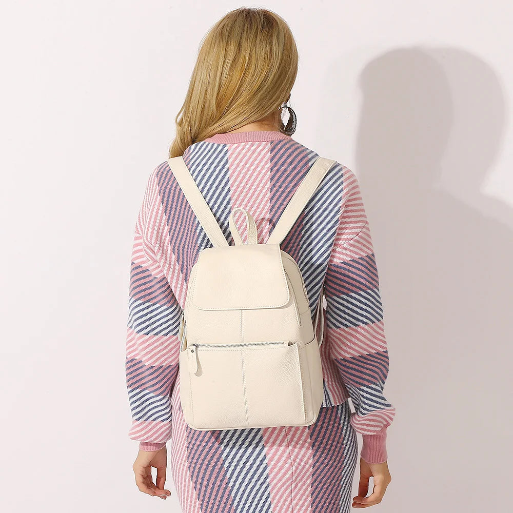 Zency Stilvoller Damen-Rucksack aus echtem Leder in Weiß und Schwarz, A++-Qualität, Diebstahlsicherer Rucksack mit großem Fassungsvermögen, Reise-Designer-Rucksack