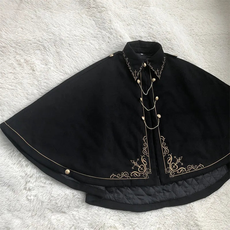 Frauen Winter Woll Mantel Schwarz Cape Adrette Goldene Stickerei Prinzessin Gothic Magie Schule Studenten Teens Mantel Herbst Neue