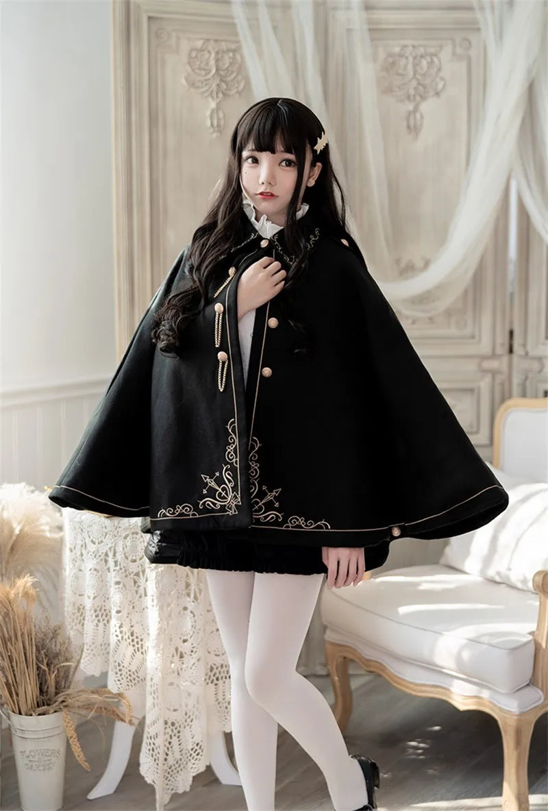 Frauen Winter Woll Mantel Schwarz Cape Adrette Goldene Stickerei Prinzessin Gothic Magie Schule Studenten Teens Mantel Herbst Neue