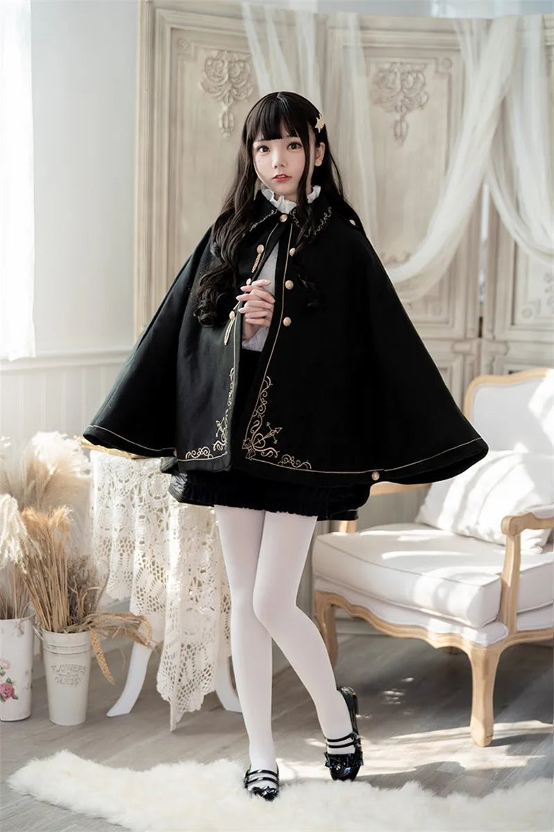 Frauen Winter Woll Mantel Schwarz Cape Adrette Goldene Stickerei Prinzessin Gothic Magie Schule Studenten Teens Mantel Herbst Neue