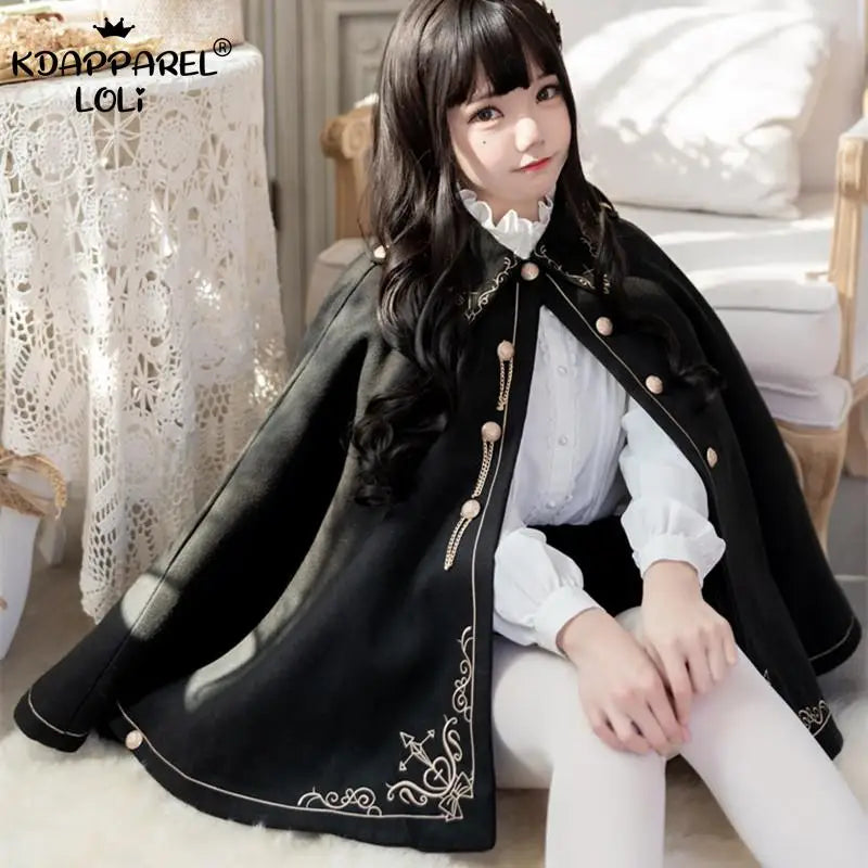 Frauen Winter Woll Mantel Schwarz Cape Adrette Goldene Stickerei Prinzessin Gothic Magie Schule Studenten Teens Mantel Herbst Neue