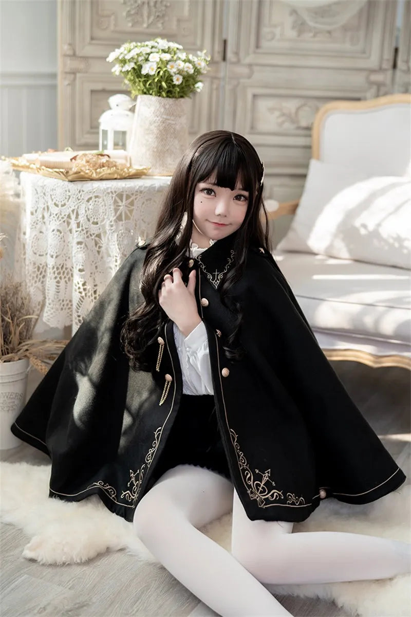 Frauen Winter Woll Mantel Schwarz Cape Adrette Goldene Stickerei Prinzessin Gothic Magie Schule Studenten Teens Mantel Herbst Neue