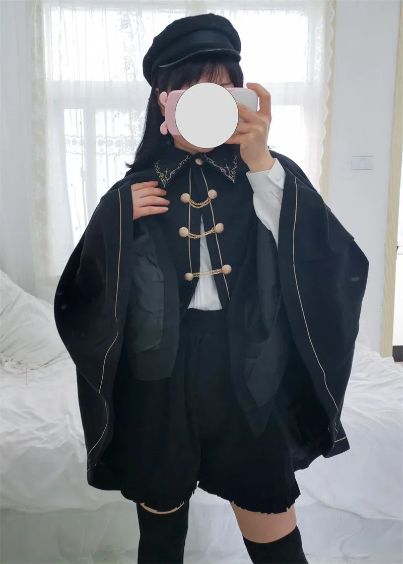 Frauen Winter Woll Mantel Schwarz Cape Adrette Goldene Stickerei Prinzessin Gothic Magie Schule Studenten Teens Mantel Herbst Neue