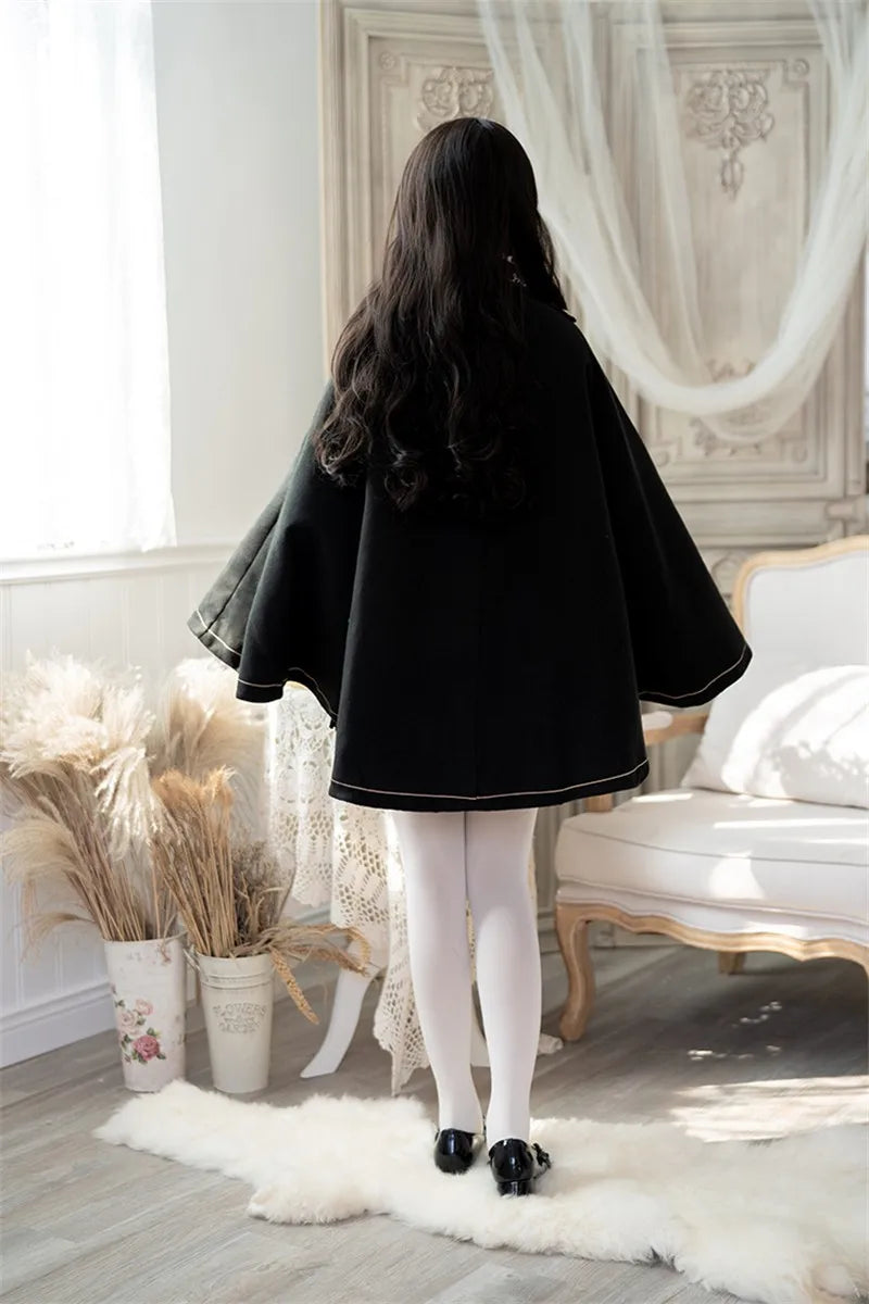 Frauen Winter Woll Mantel Schwarz Cape Adrette Goldene Stickerei Prinzessin Gothic Magie Schule Studenten Teens Mantel Herbst Neue