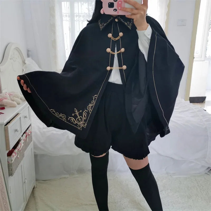 Frauen Winter Woll Mantel Schwarz Cape Adrette Goldene Stickerei Prinzessin Gothic Magie Schule Studenten Teens Mantel Herbst Neue