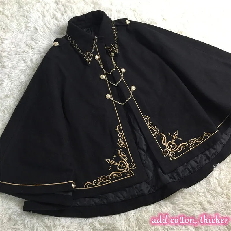 Frauen Winter Woll Mantel Schwarz Cape Adrette Goldene Stickerei Prinzessin Gothic Magie Schule Studenten Teens Mantel Herbst Neue