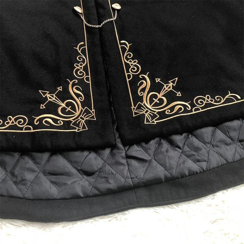 Frauen Winter Woll Mantel Schwarz Cape Adrette Goldene Stickerei Prinzessin Gothic Magie Schule Studenten Teens Mantel Herbst Neue