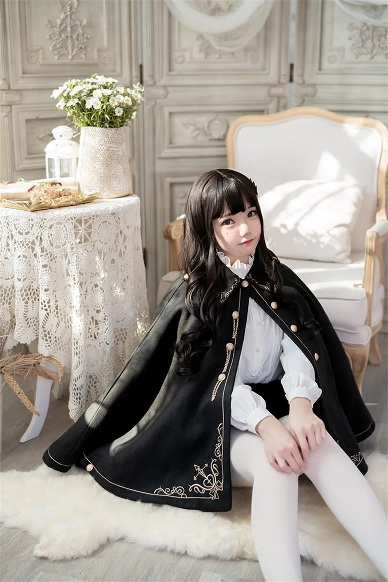 Frauen Winter Woll Mantel Schwarz Cape Adrette Goldene Stickerei Prinzessin Gothic Magie Schule Studenten Teens Mantel Herbst Neue