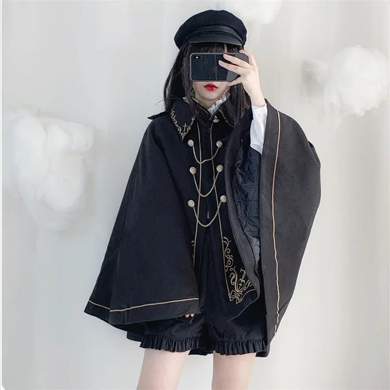 Frauen Winter Woll Mantel Schwarz Cape Adrette Goldene Stickerei Prinzessin Gothic Magie Schule Studenten Teens Mantel Herbst Neue