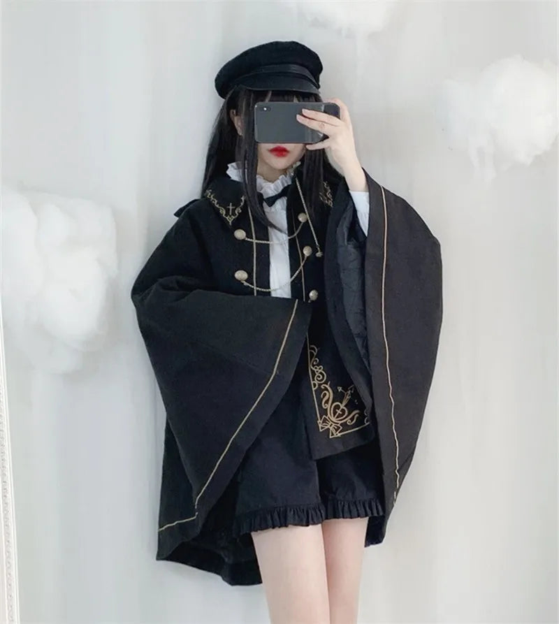 Frauen Winter Woll Mantel Schwarz Cape Adrette Goldene Stickerei Prinzessin Gothic Magie Schule Studenten Teens Mantel Herbst Neue