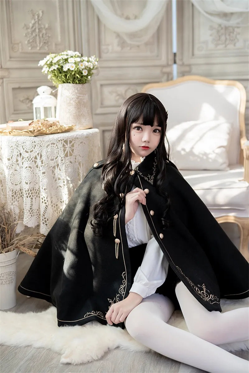 Frauen Winter Woll Mantel Schwarz Cape Adrette Goldene Stickerei Prinzessin Gothic Magie Schule Studenten Teens Mantel Herbst Neue