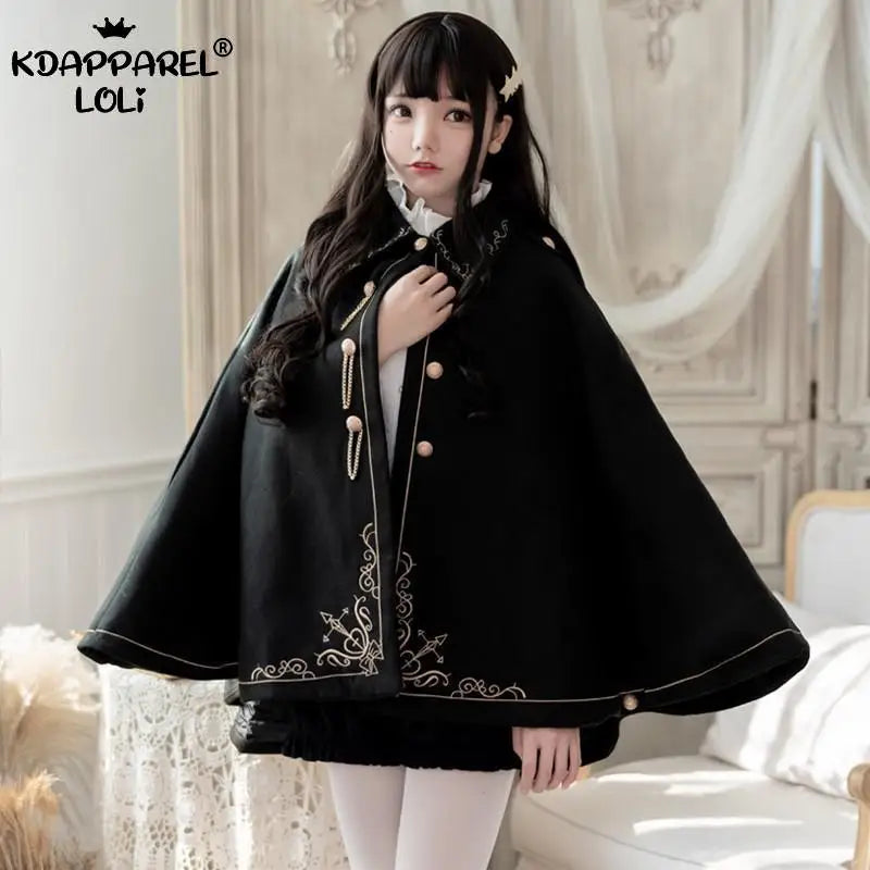 Frauen Winter Woll Mantel Schwarz Cape Adrette Goldene Stickerei Prinzessin Gothic Magie Schule Studenten Teens Mantel Herbst Neue