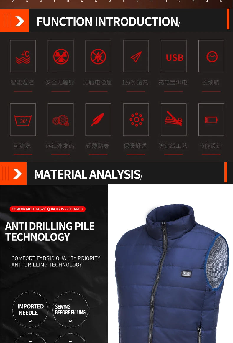 9-beheizte Weste Zonen Elektrisch beheizte Jacken Männer Frauen Sportbekleidung Beheizter Mantel Graphene Heat Coat USB-Heizjacke für Camping