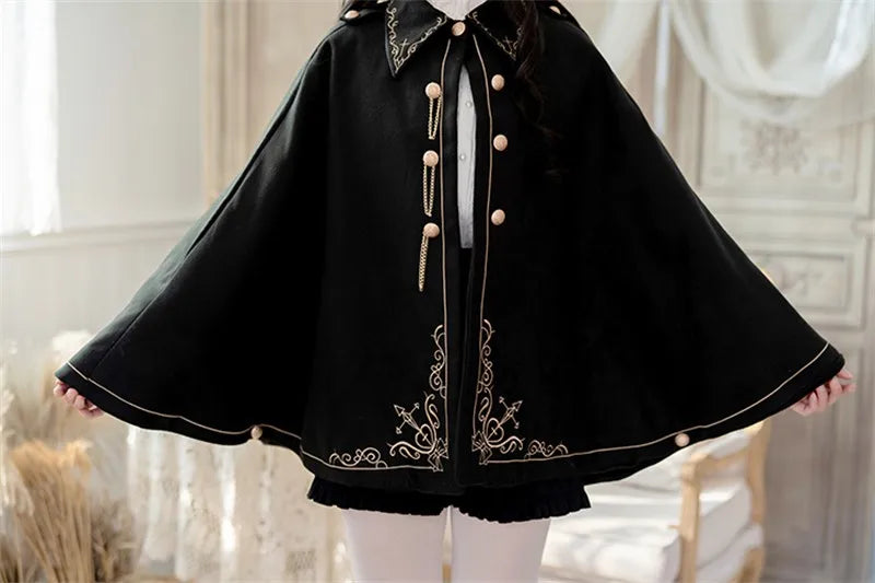 Frauen Winter Woll Mantel Schwarz Cape Adrette Goldene Stickerei Prinzessin Gothic Magie Schule Studenten Teens Mantel Herbst Neue