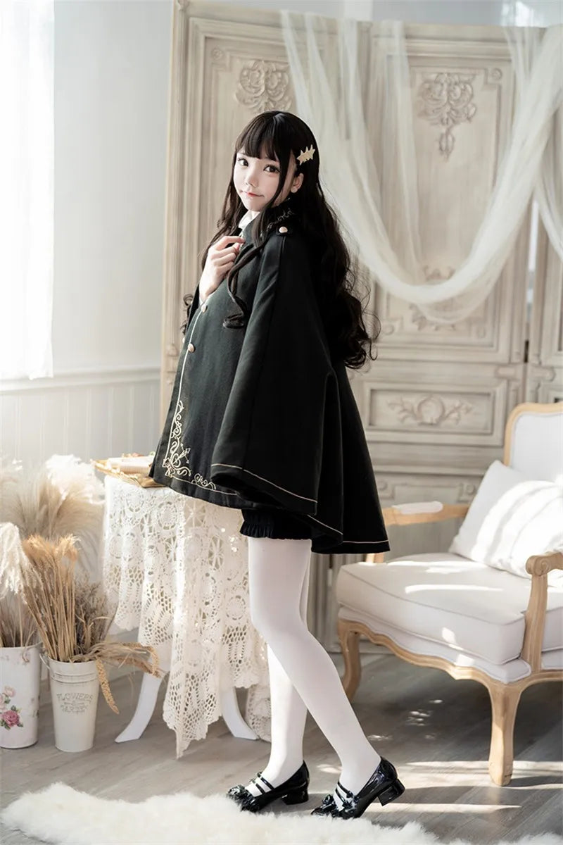 Frauen Winter Woll Mantel Schwarz Cape Adrette Goldene Stickerei Prinzessin Gothic Magie Schule Studenten Teens Mantel Herbst Neue
