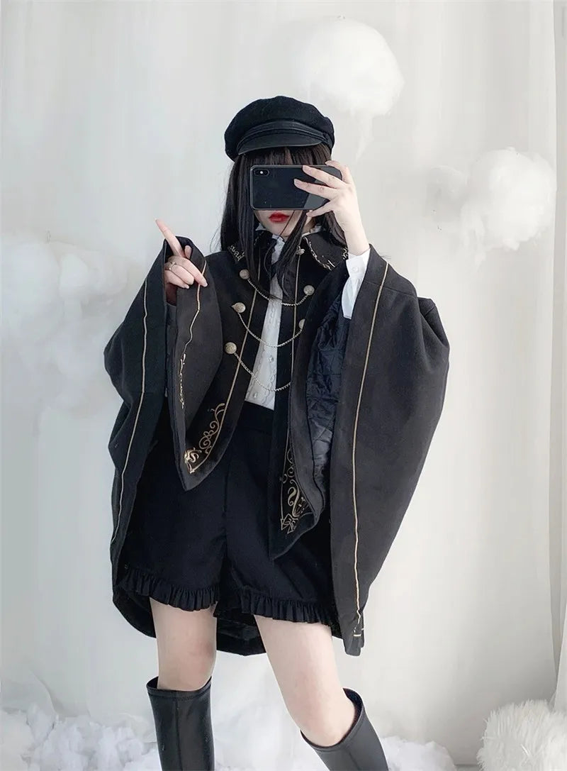 Frauen Winter Woll Mantel Schwarz Cape Adrette Goldene Stickerei Prinzessin Gothic Magie Schule Studenten Teens Mantel Herbst Neue