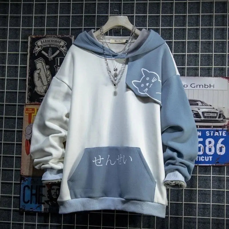 Japanischen Stil Frühling Herbst Männer Hoodie Mit Kapuze Nette Katze Drucken Patchwork Teen Hoodies Mode Anime Harajuku Männliche Sweatshirt
