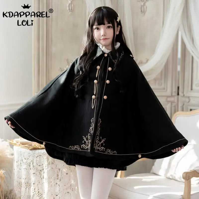 Frauen Winter Woll Mantel Schwarz Cape Adrette Goldene Stickerei Prinzessin Gothic Magie Schule Studenten Teens Mantel Herbst Neue