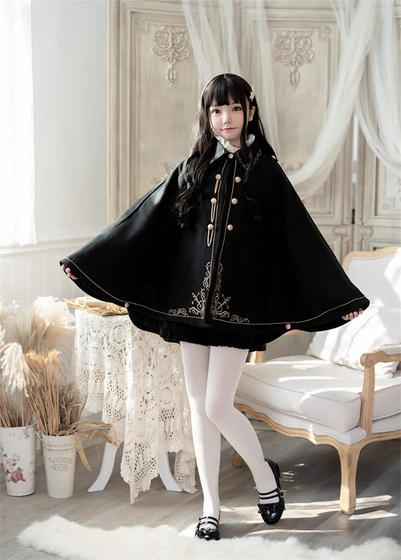 Frauen Winter Woll Mantel Schwarz Cape Adrette Goldene Stickerei Prinzessin Gothic Magie Schule Studenten Teens Mantel Herbst Neue