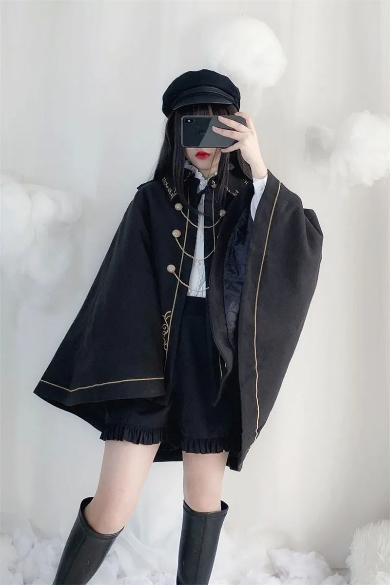 Frauen Winter Woll Mantel Schwarz Cape Adrette Goldene Stickerei Prinzessin Gothic Magie Schule Studenten Teens Mantel Herbst Neue