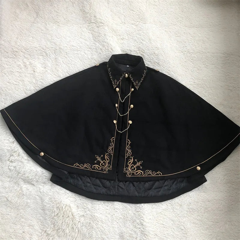 Frauen Winter Woll Mantel Schwarz Cape Adrette Goldene Stickerei Prinzessin Gothic Magie Schule Studenten Teens Mantel Herbst Neue