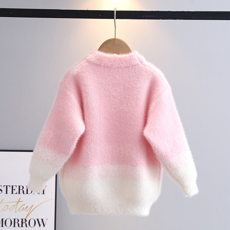 Herbst Winter Teenager Mädchen Pullover verdickt Kunst Nerz Pelz Kinder Strickpullover Junior Kinder 3D Fliege warme Basis Top Kleidung