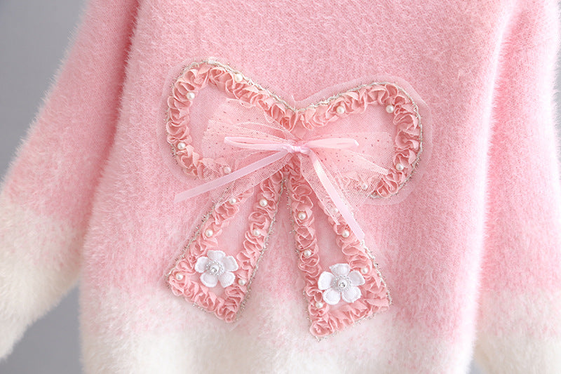 Herbst Winter Teenager Mädchen Pullover verdickt Kunst Nerz Pelz Kinder Strickpullover Junior Kinder 3D Fliege warme Basis Top Kleidung