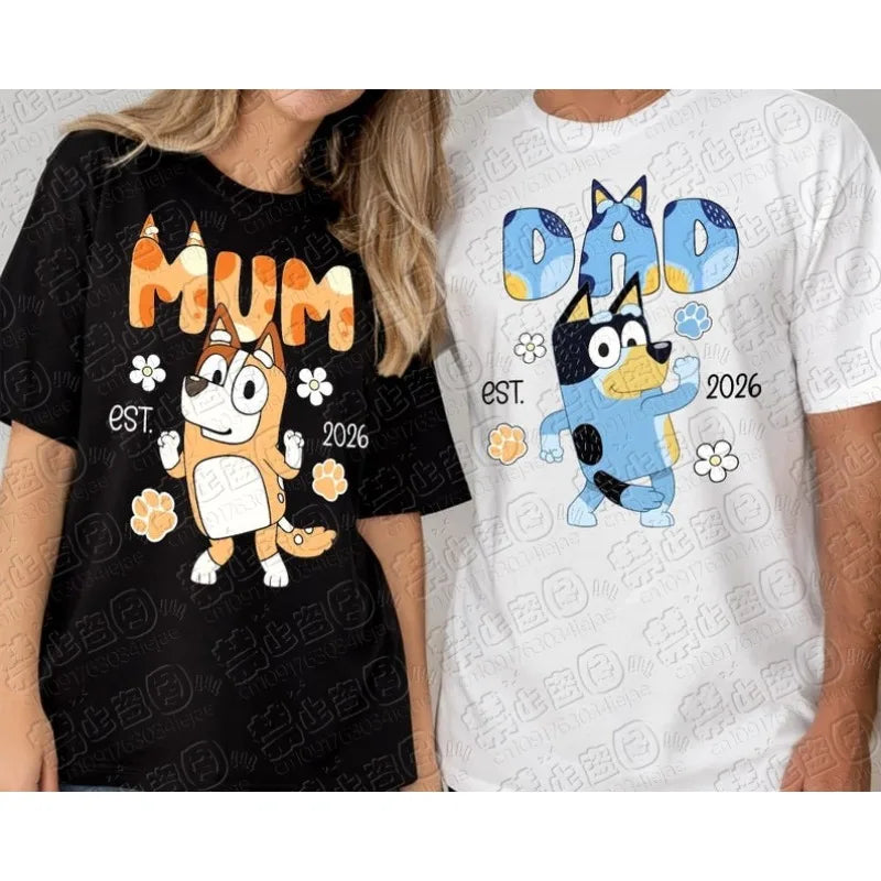 2026 Bluey Familien-Shirts, Cartoon Blauer Hund Mama Papa Partnerlook T-Shirts, Cooler Cartoon-Druck, Lässige Eltern-Kind Atmungsaktive T-Shirts
