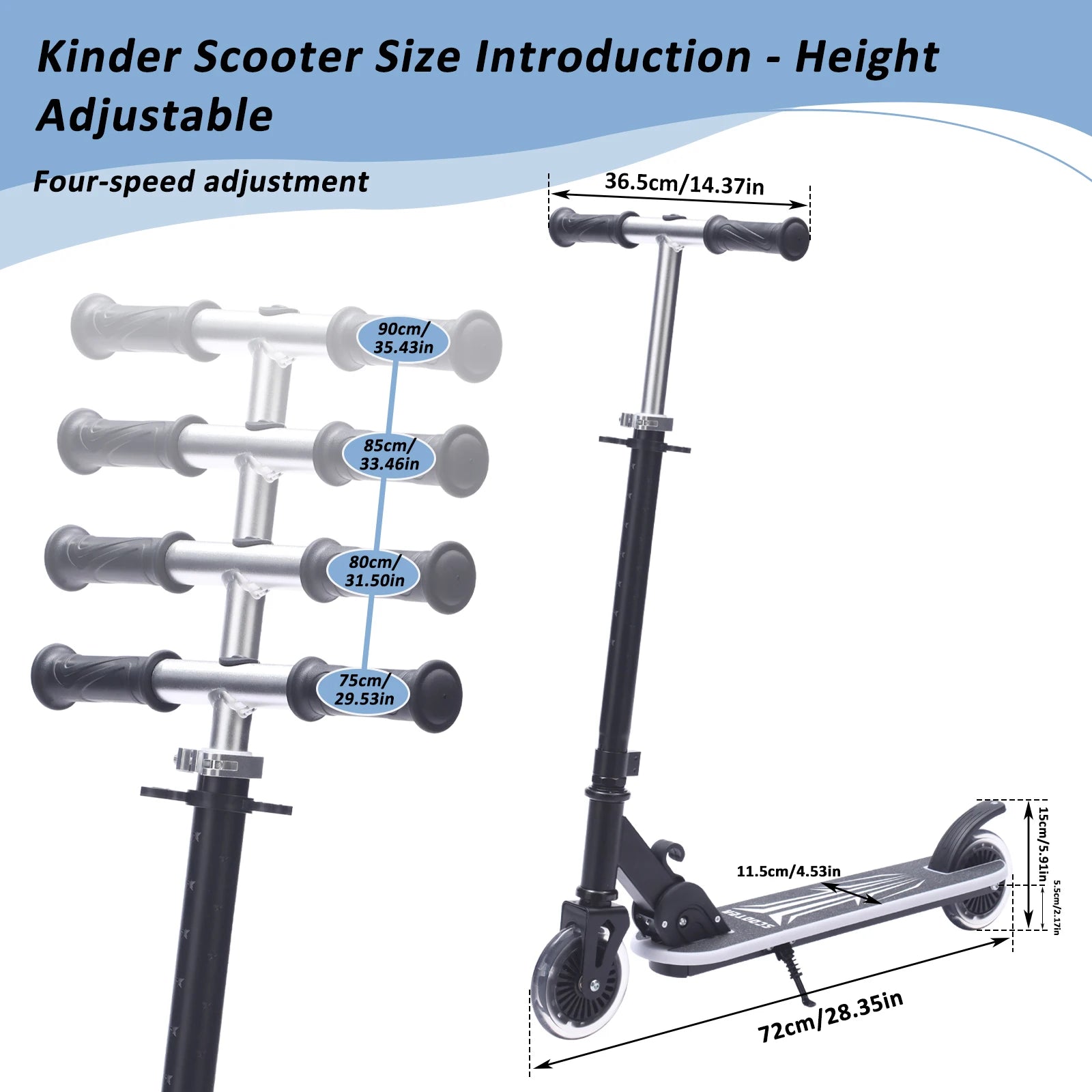 Kinderroller mit Ein-Klick-Faltmechanismus, 4-fach verstellbarer Lenker 75-90cm, Hinterradbremse, bunte Leuchträder & Pedale, 4,34-Zoll-Reifen