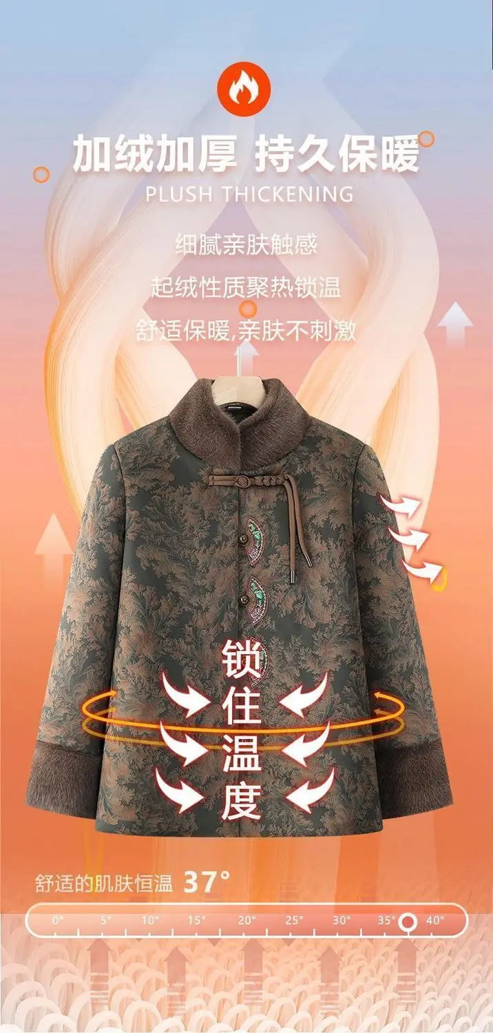 Damenmantel im chinesischen Stil mit Blumenmuster, gefüttert mit Fleece, aus Baumwolle, dicker Wintermantel, Tang-Anzugjacke für ältere Damen, Mütter und Großmütter.
