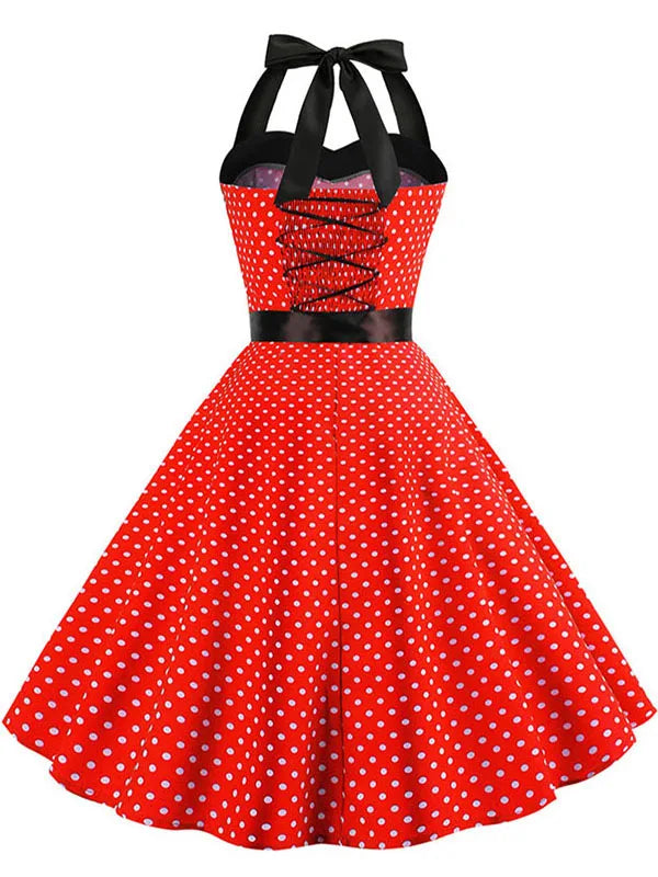 Frauen Polka Dot Print Sommer Kleid Sexy Retro Weiß Halter Vintage Kleid Robe Femme Pin Up Rockabilly Party Kleid