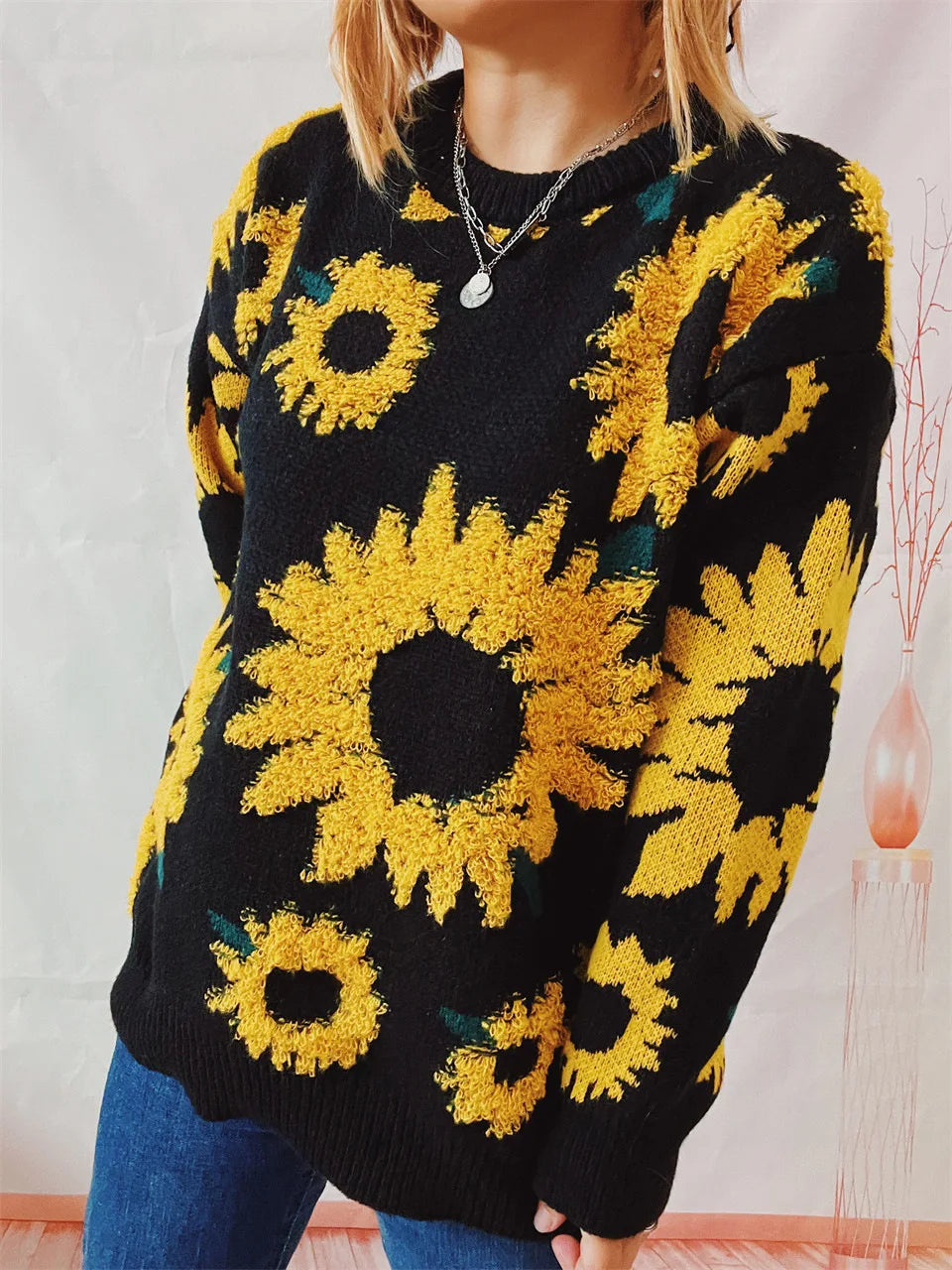 Damen Herbst Pullover Damen Mode Rundhalspullover mit Blumendruck, vielseitig einsetzbar für Herbst und Winter Herbst Pullover Damen