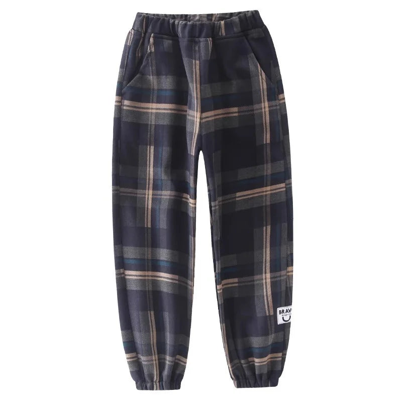 Jungen Dicke Plaid Hosen Frühling Herbst Mädchen Plus Samt Warme Kordelzug Kinder Trend Hosen Mode Teen Sport Casual Hosen 4-12Y