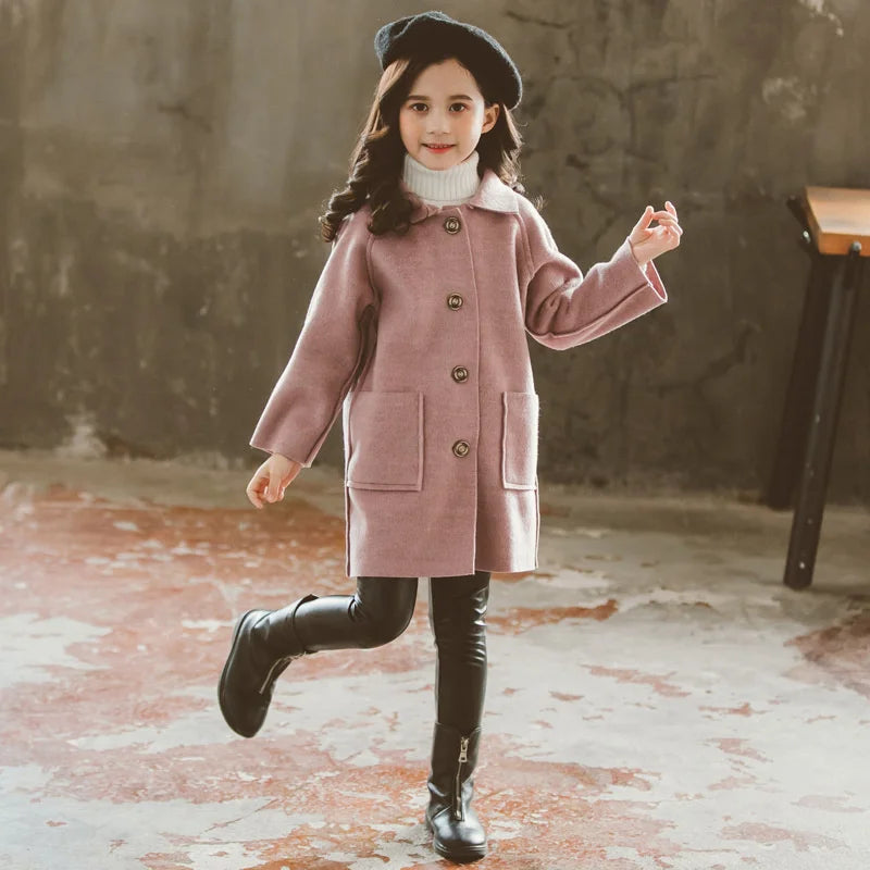 Mädchen Wolle warme Mäntel Kinder Herbst Winter lässige Oberbekleidung Kinder feste Farbe Mode Jacke Teen Turndown Kragen Kleidung