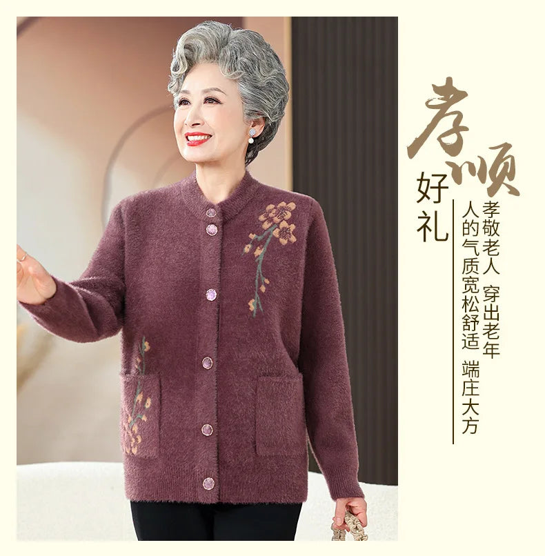 Oma Dicke Warme Nerz Samt Pullover Top Winter Mittleren Alters Mutter Draußen Tragen Strickjacke Jacke Vintage Frauen Gestrickte Mantel