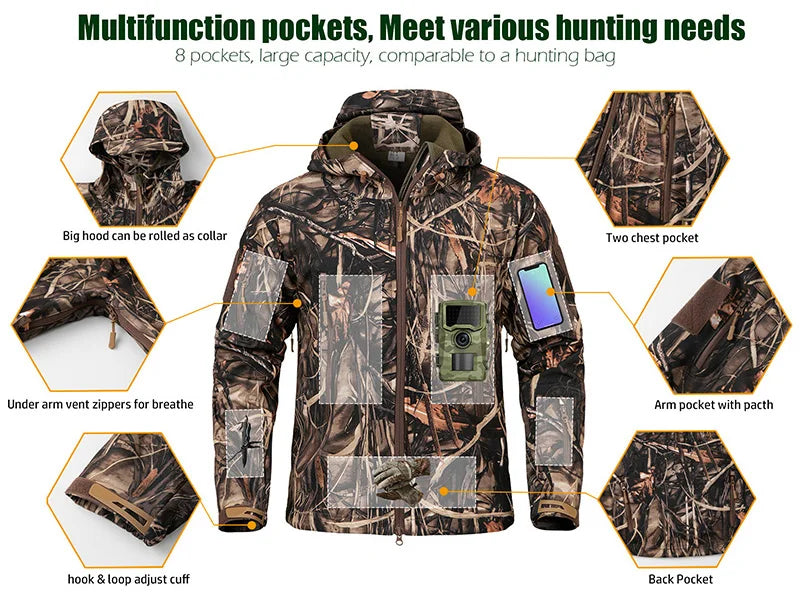 Männer Silent Soft Shell Camouflage Taktische Jacke Wasserdichte Warme Fleece Jagd Jacken Outdoor Wandern Angeln Mit Kapuze Mantel