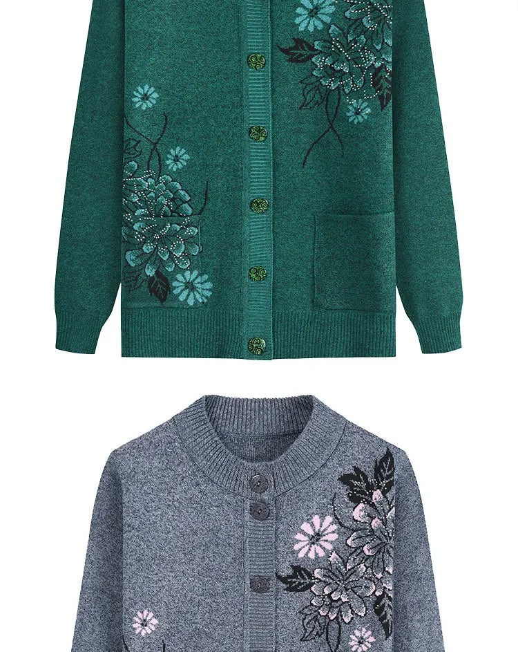 Neue Druck Mittleren Alters Mutter der Frühling Herbst Langarm Pullover Frauen Gestrickte Bodenbildung Shirt Wolle Winter Oma Strickjacke