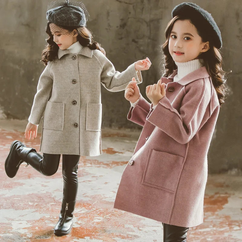 Mädchen Wolle warme Mäntel Kinder Herbst Winter lässige Oberbekleidung Kinder feste Farbe Mode Jacke Teen Turndown Kragen Kleidung