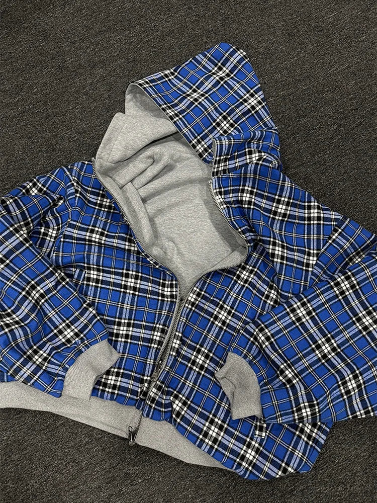 Winter Casual Karierter Hoodie für Damen, Warmer Reißverschluss-Sweatshirt, Beidseitig Tragbar, Modisch Trendy, Locker Geschnittener Kapuzenpullover