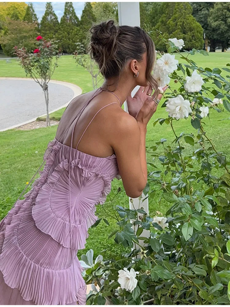 Elegantes lila Neckholder-Abschlussballkleid in A-Linie mit Rüschen, gestuft, rückenfrei, Partykleid, Sommerurlaub, Chiffon, langes Abendkleid