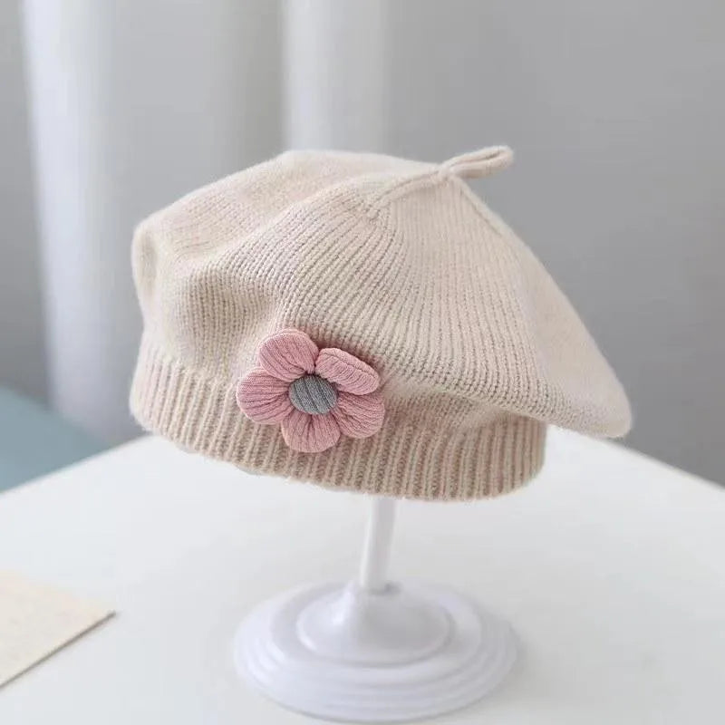 Blume Baby Baskenmütze Hut Winter Warme Gestrickte Beanie Cap für Kleinkind Mädchen Koreanische Kleinkind Prinzessin Künstler Einfarbig Maler Kappen