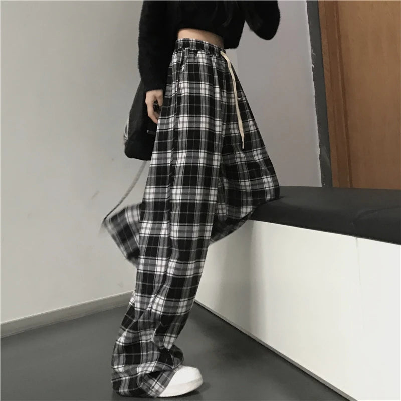Oversize Frauen Jogginghose Mode Schwarz Plaid Casual Hosen Baggy Elastische Taille Taschen Student Unisex Hip Hop Lose Hosen