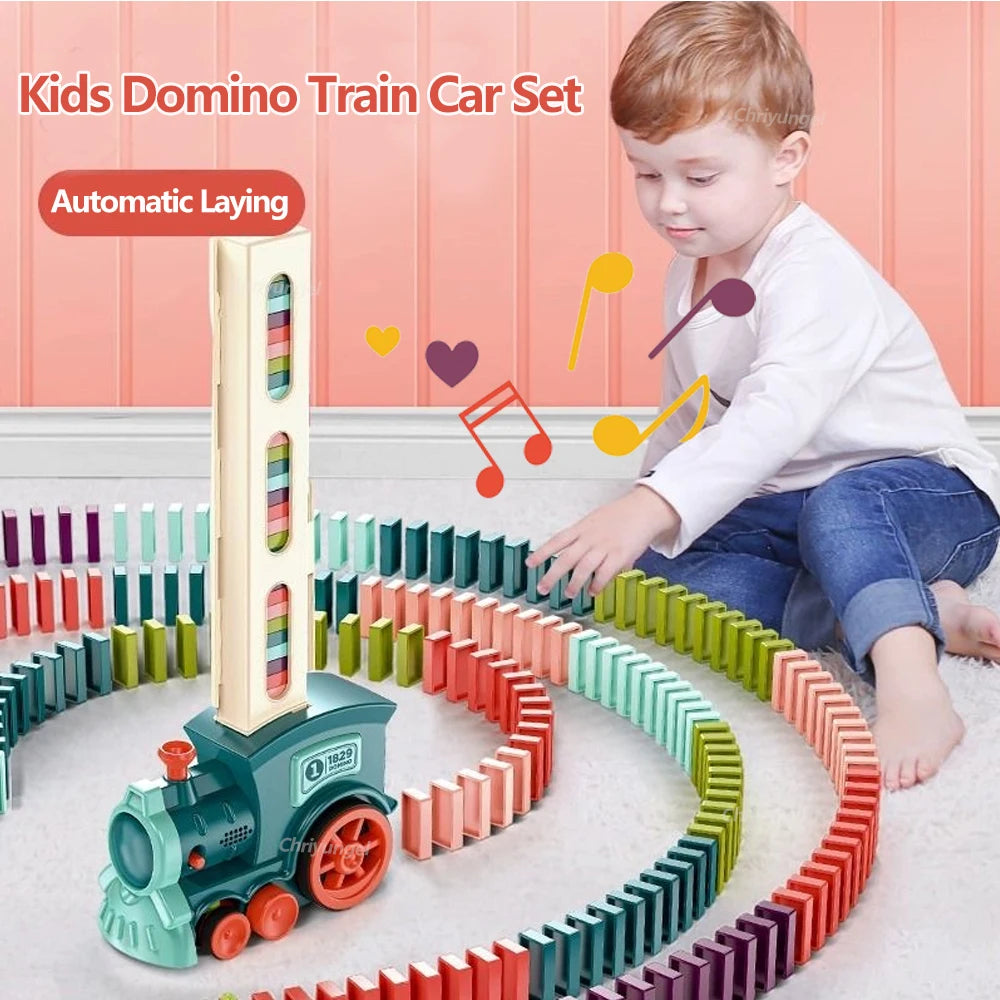Domino-Zug für Kinder, automatisches Verleggen von Elektroautos, buntes Dominosteinen-Set, Ziegelblöcke, Kits, Spiele, Lernspielzeug, Geschenk für Mädchen und Jungen