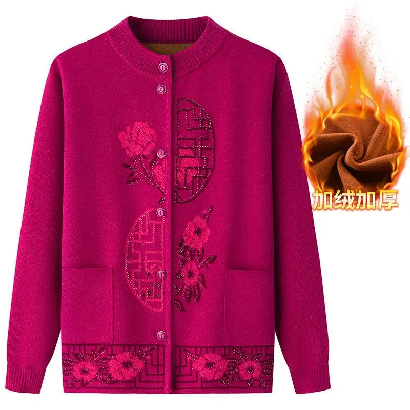 2025 Oma Pullover Frauen Frühling Herbst Pullover Mantel Mutter Strickjacke Für Frau Samt Strickwaren Weibliche Kleidung 5XL 2898