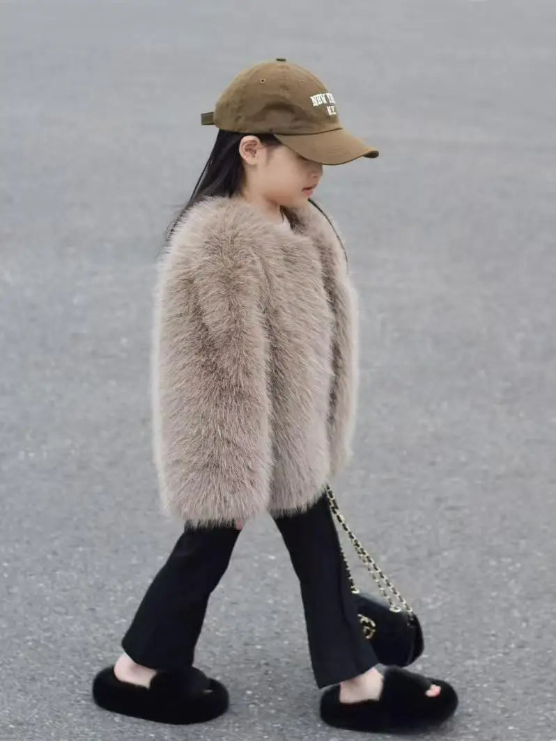 Gefälschte Pelz Mädchen Jacke Herbst Winter Neue Einfarbig Dicke Warm Halten Einreiher Mantel Für 3-10 Jahre mädchen Mode Oberbekleidung