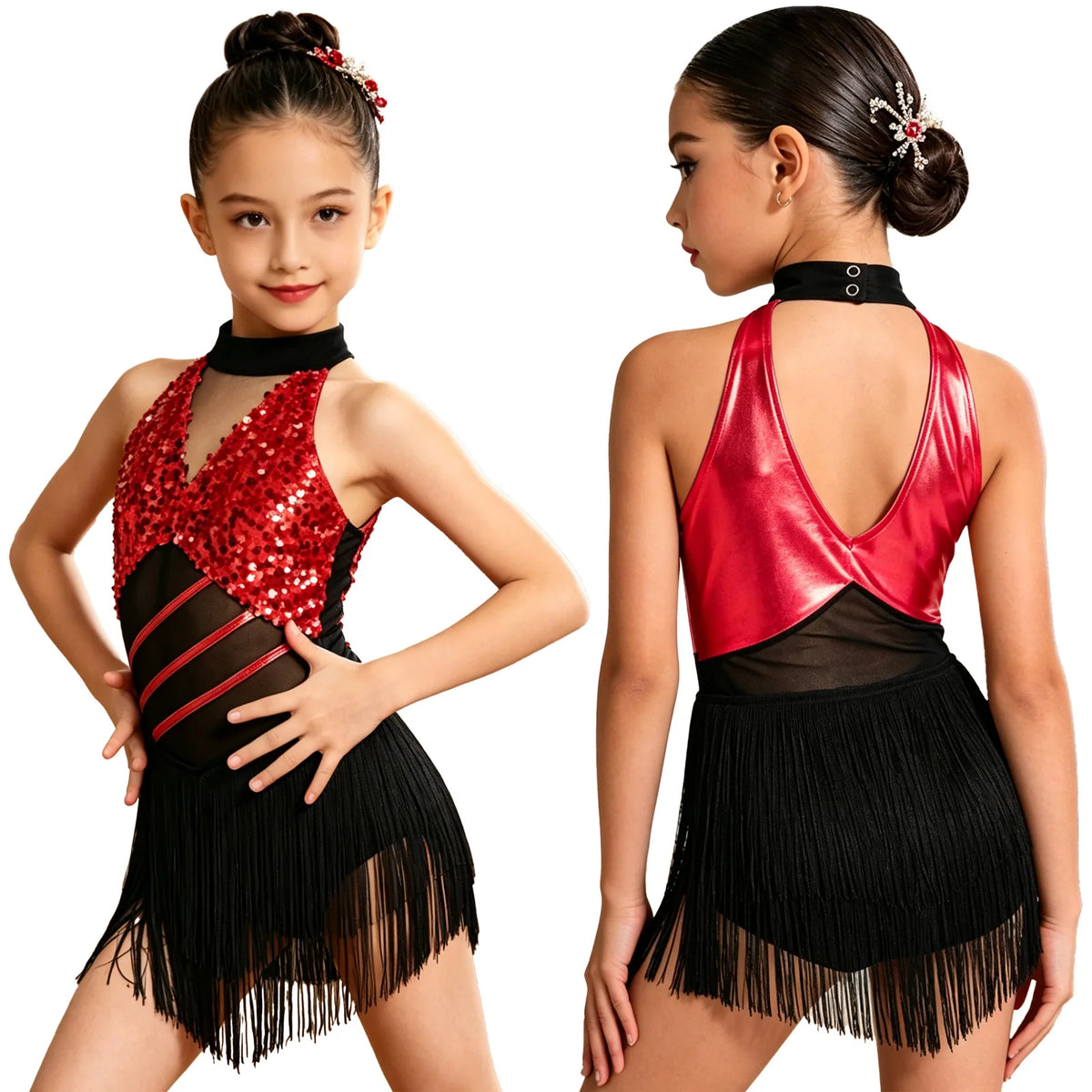Glitzerndes Pailletten-Lateintanzkleid für Mädchen, Salsa, Jazz, Tango, ärmellos, gerüschtes Mesh-Overlay, Oberteil mit Quasten, Leotard-Kleid