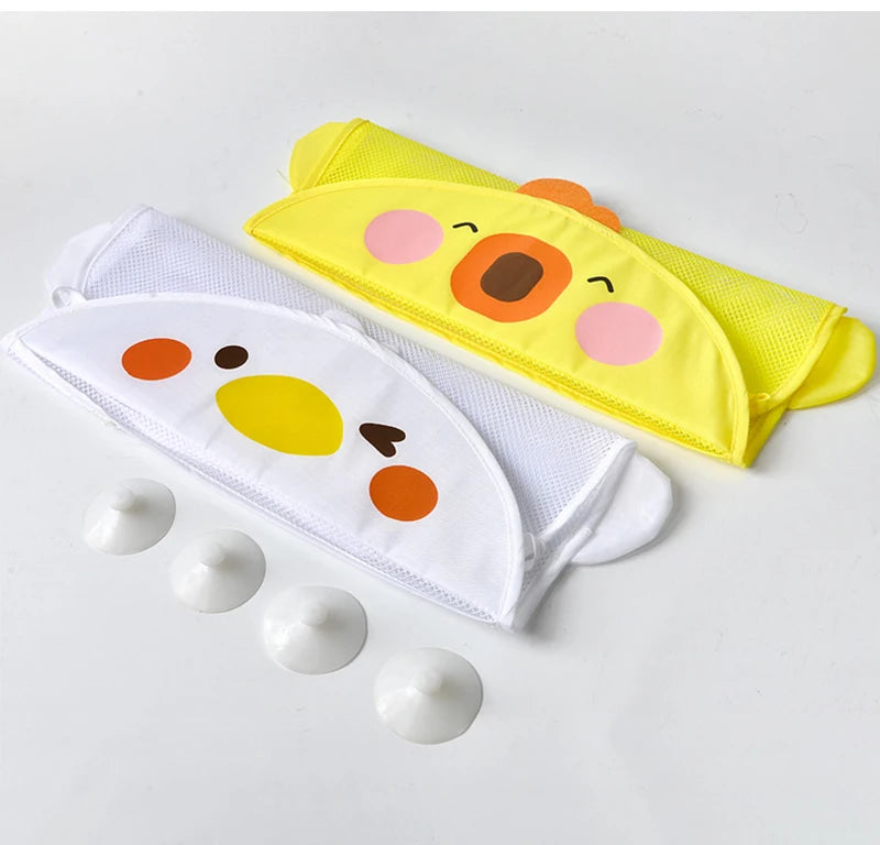 QWZ Neue Cartoon Ente Baby Badezimmer Mesh Tasche Sucker Design Für Bad Spielzeug Kinder Tier Formen Tuch Sand Spielzeug Lagerung Net Tasche